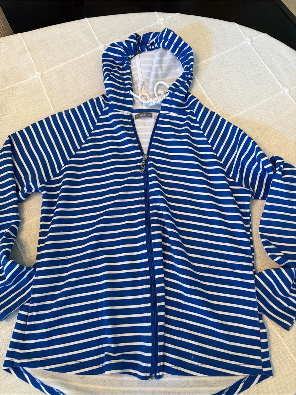 Three Hearts Blue and White Striped Zip Hoodie